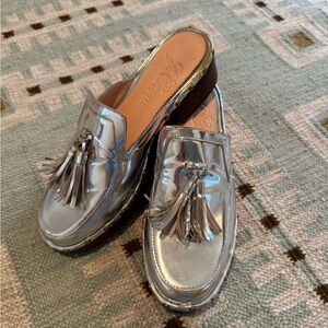 J. Crew Metallic Silver Tassel Clog Mules
